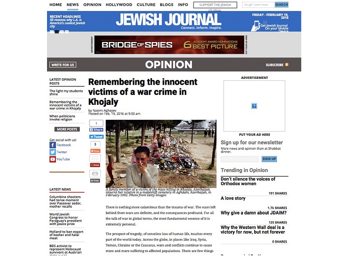 Jewish Journal: «En commémorant les victimes innocentes du crime de guerre à Khodjaly»
